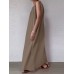 Solid Pocket Cotton Ruched Round Neck Sleeveless Maxi Dress