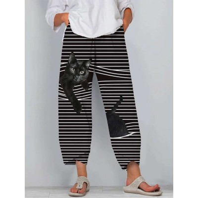 Women Black Cat Print Striped Elastic Waist Plus Size Casual Pants