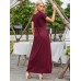 Short Sleeve Pocket Floor Length Solid Round Neck Maxi Dress