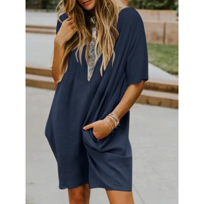 Leisure Solid Pocket Half Sleeve Midi Dress