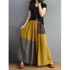 Women Plaid Patchwork Elastic Waist Swing Skirt With Pocket