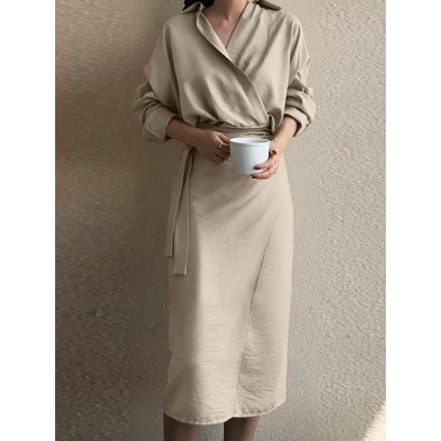 Lapel Long Sleeve V  Neck Solid Sash Midi Dress