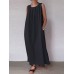 Solid Pocket Cotton Ruched Round Neck Sleeveless Maxi Dress