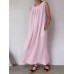 Solid Pocket Cotton Ruched Round Neck Sleeveless Maxi Dress