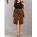 Women Plus Size Leopard Print Split High Waist Back  Zip Mid Length Skirts