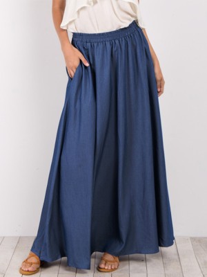 Women Pure Color Elastic Waist Simple Swing Skirts With Pocket