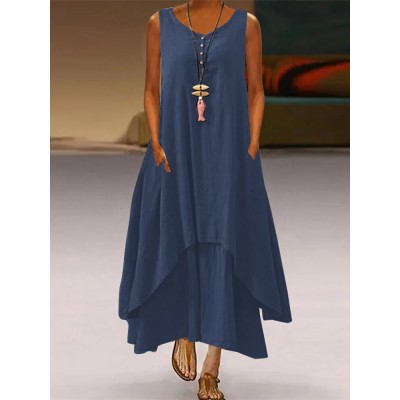 Leisure Solid Tiered Button Pocket Sleeveless Maxi Dress