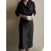 Lapel Long Sleeve V  Neck Solid Sash Midi Dress