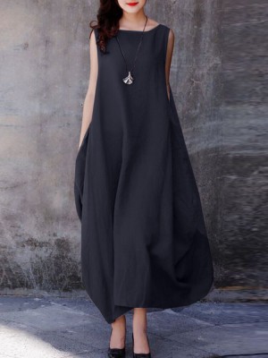 Solid Pocket Cotton Round Neck Sleeveless Casual Maxi Dress