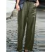 Women Casual Solid Wide  Legged Elastic Waist Side Pockets Leather Pants