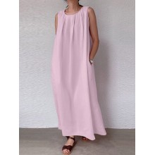 Solid Pocket Cotton Ruched Round Neck Sleeveless Maxi Dress