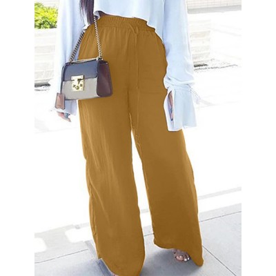 Women Loose Lace  up Elastic Waist Side Pocket Maxi Length Pants