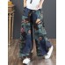 Women 100  Cotton Flared Wide  Leg Floral Printed Retro Side Pockets Pants