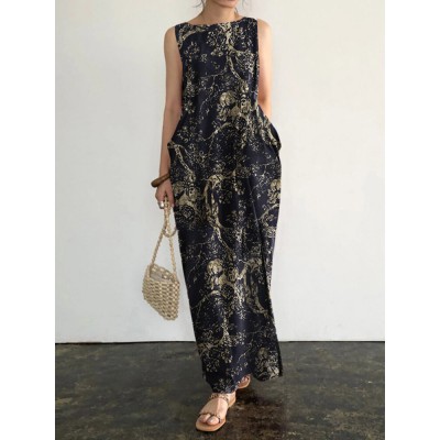 Sleeveless Round Neck Pocket Print Floral Maxi Dress