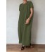 Solid Pocket Cotton Round Neck Casual Maxi Dress