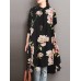 Flower Print Button Loose Stand Collar Midi Dress