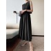 Solid Button Pocket Drawstring Show Waist Sleeveless Maxi Dress