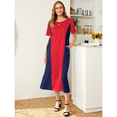 Pocket Round Neck Splicing Loose Fit Short Sleeve Maxi Dress