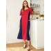 Pocket Round Neck Splicing Loose Fit Short Sleeve Maxi Dress