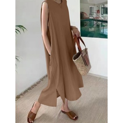 Leisure Solid Pocket Slit Hem Sleeveless Maxi Dress