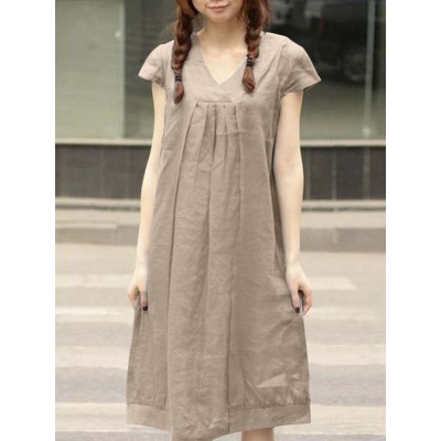 Leisure Solid Ruched Short Sleeve Midi Cotton Dress