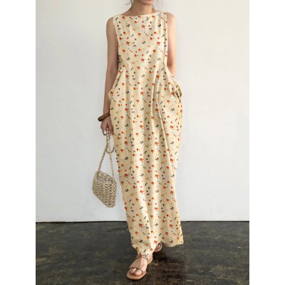 Pocket Ditsy Floral Round Neck Summer Sleeveless Maxi Dress