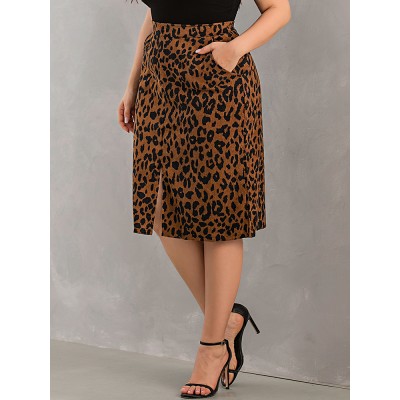 Women Plus Size Leopard Print Split High Waist Back  Zip Mid Length Skirts