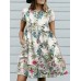 Leaves Print Pocket Button Round Neck Short Sleeve Dress