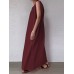 Solid Pocket Cotton Ruched Round Neck Sleeveless Maxi Dress