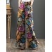 Women 100  Cotton Flared Wide  Leg Floral Printed Retro Side Pockets Pants