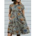 Flower Print Button Pocket Short Sleeve Round Neck Dress