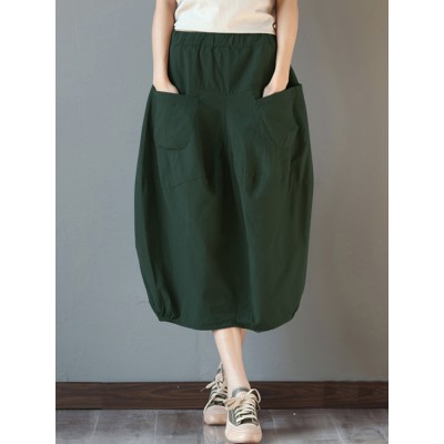 Women Elastic High Waist Basic Cotton Midi Skirts