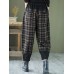 Women Cropped Check Print Pocket Stitch Elastic Waist Denim Casual Pants