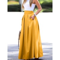 Women Solid Color High Waist Big Swing Zipper Casual Loose Long Skirt With Pocket