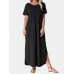 Solid Slit Hem Short Sleeve V  neck Maxi Dress