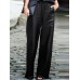 Women Casual Solid Wide  Legged Elastic Waist Side Pockets Leather Pants