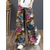 Women 100  Cotton Flared Wide  Leg Floral Printed Retro Side Pockets Pants