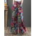 Women 100  Cotton Flared Wide  Leg Floral Printed Retro Side Pockets Pants