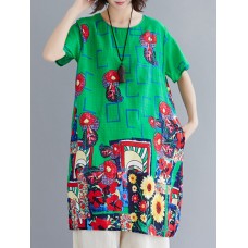 Geometric Floral Pocket Round Neck Short Sleeve Casual Midi Dress