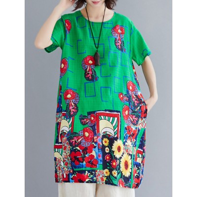 Geometric Floral Pocket Round Neck Short Sleeve Casual Midi Dress