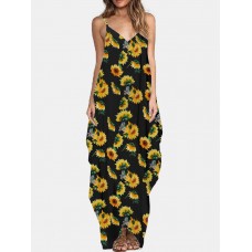 Flower Print V  neck Sleeveless Irregular Maxi Dress