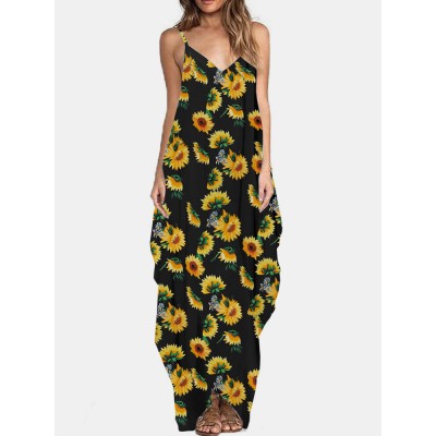 Flower Print V  neck Sleeveless Irregular Maxi Dress