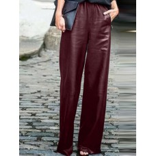 Women Casual Solid Wide  Legged Elastic Waist Side Pockets Leather Pants