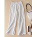 Solid Elastic Waist Pocket Button Wide Leg Pants