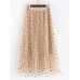 Women Polka Dot Print Gauze Elastic Waist Midi Mesh Pleated Skirt