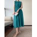 Solid Button Pocket Drawstring Show Waist Sleeveless Maxi Dress