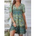 Floral Print Tassel V  neck Knotted Short Sleeve Bohemian Dress