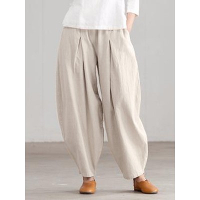 Women Loose 100  Cotton Ankle Length Solid Color Wide Legged Casual Pants