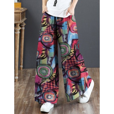 Women 100  Cotton Flared Wide  Leg Floral Printed Retro Side Pockets Pants