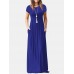 Short Sleeve Pocket Floor Length Solid Round Neck Maxi Dress